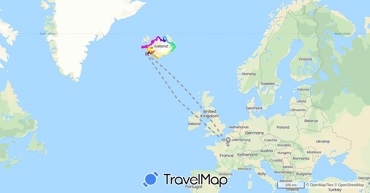 TravelMap itinerary: driving, plane, day 1, day 2, day 3, day 4, day 5, day 6, day 7, day 8, day 9, day 10, day 11 in France, Iceland (Europe)